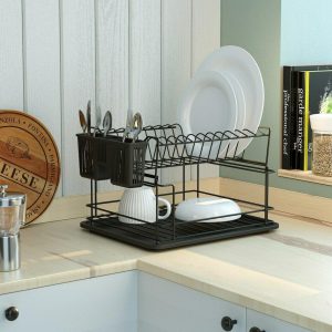 2 Tier Black Dish Drainer Cutlery Driers Kitchen Rack Plate holder with tray