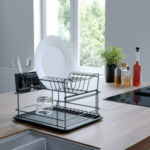 2 Tier Black Dish Drainer Cutlery Driers Kitchen Rack Plate holder with tray