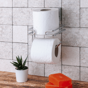 Self-Adhesive Chrome Square Bathroom Toilet Roll Holder with Reserve No-Drill