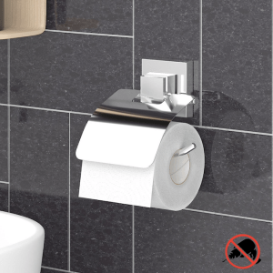 Self-adhesive Chrome Square Bathroom Toilet Roll Holder with Lid –  NoDrill